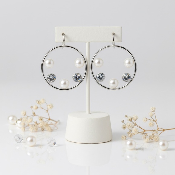 Elegant Silver and Pearl Hoop Earrings - Picture 1 of 2